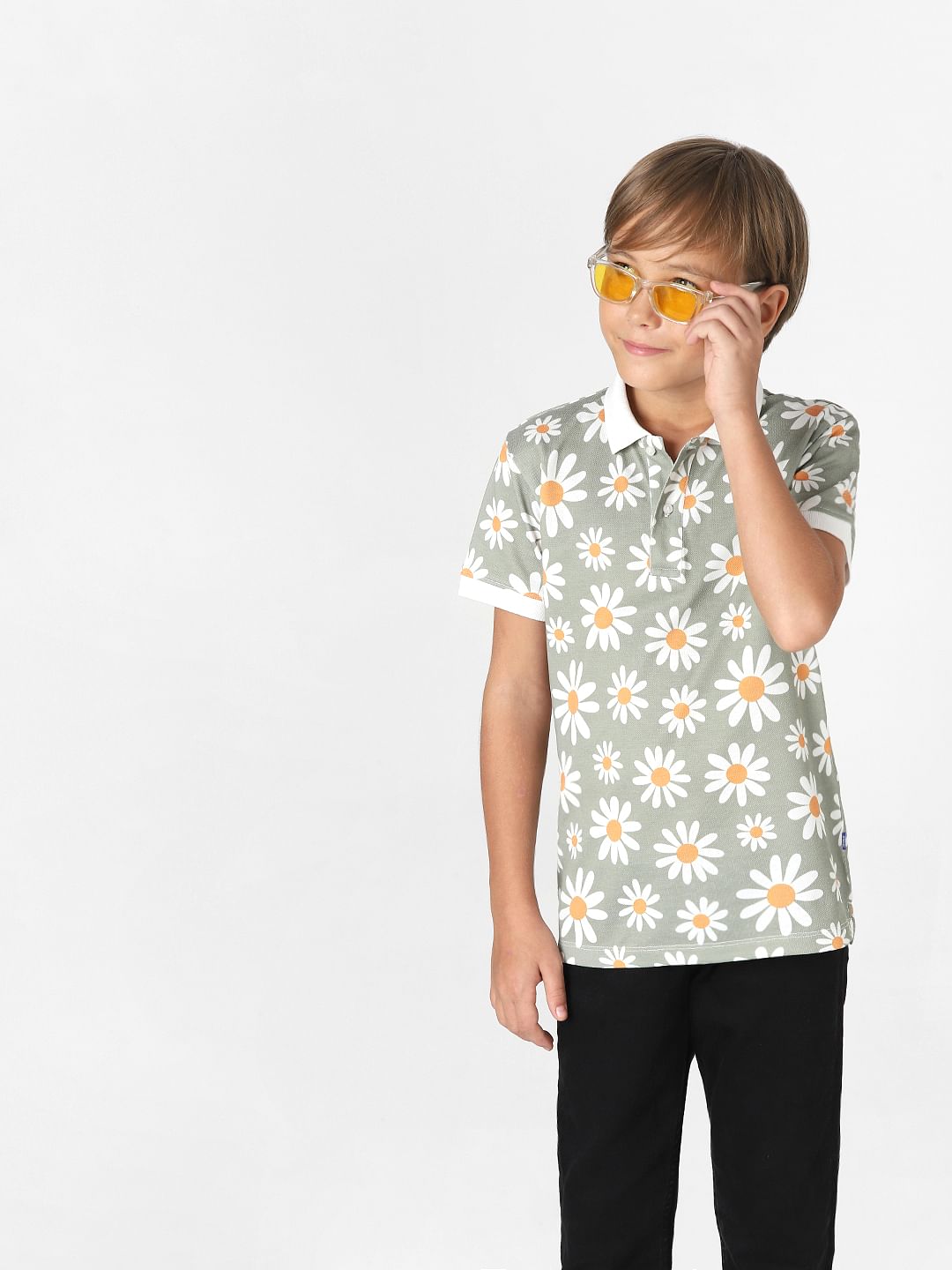 BOYS Green Floral Polo Neck T-shirt - 4/5Y