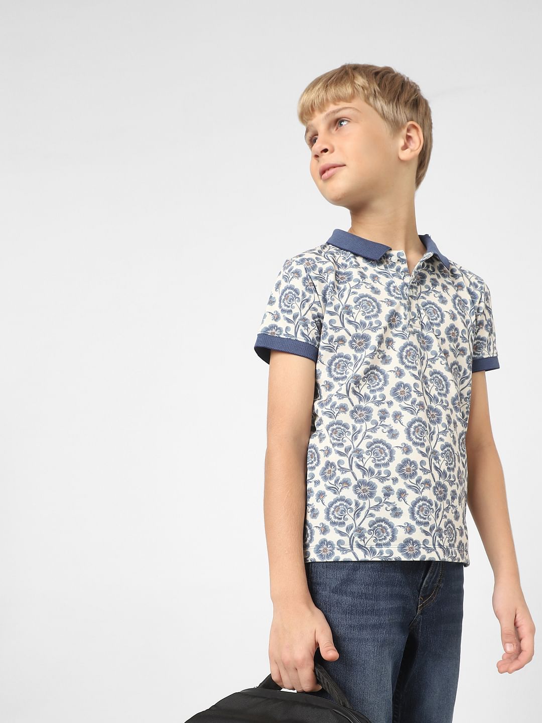 Boys Blue Floral Polo T-shirt
