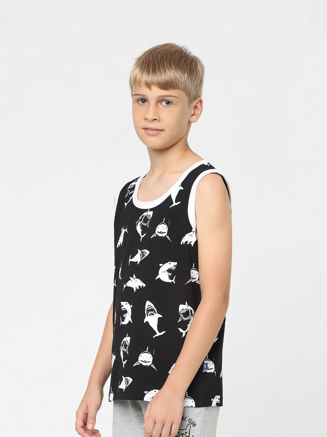 Boys Black Printed Crew Neck Vest