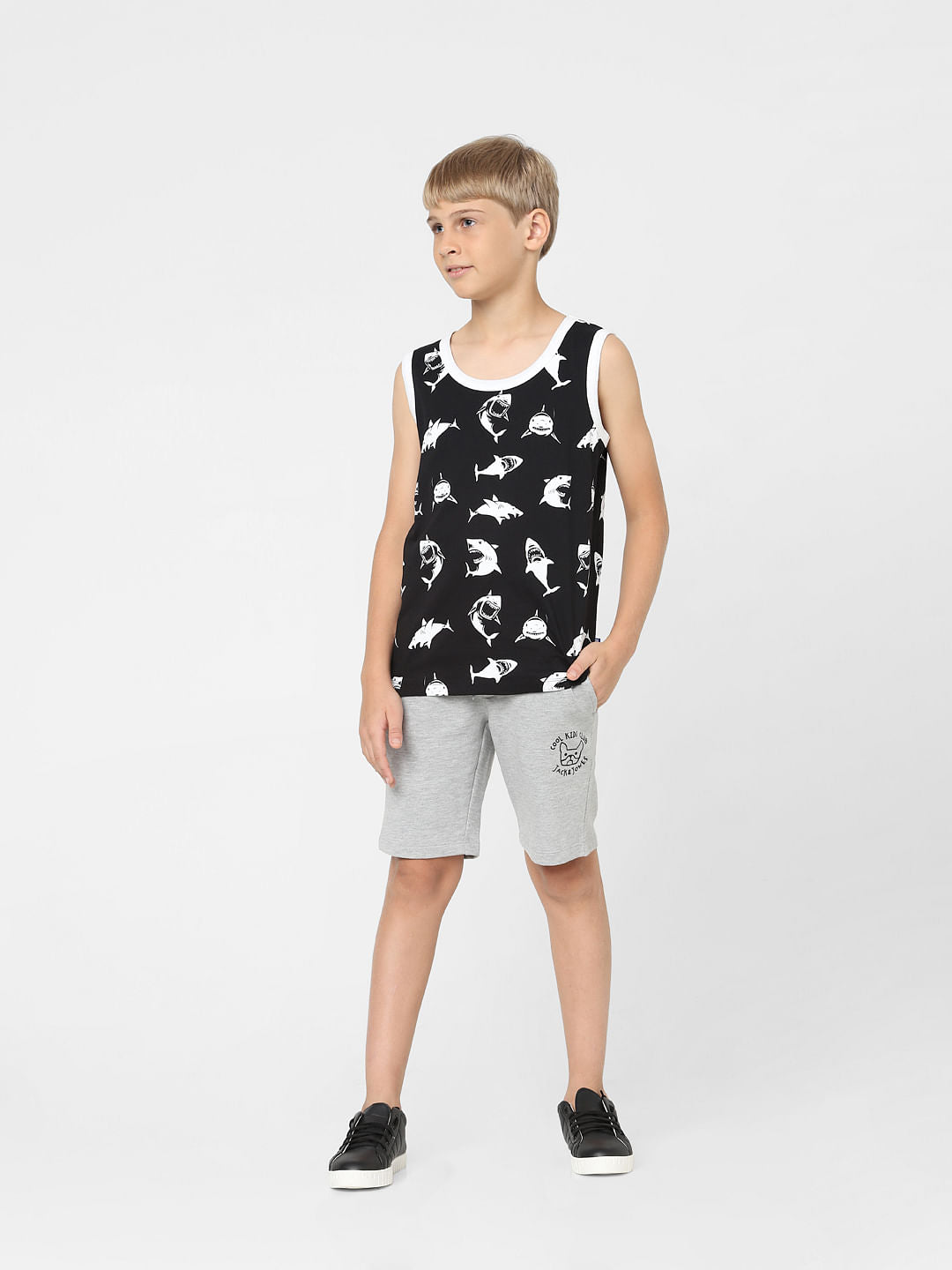 Boys Black Printed Crew Neck Vest