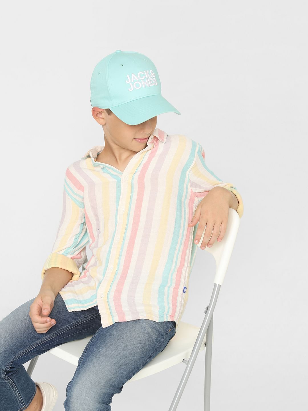 Boys Green Striped Full Sleeves Shirt - 4/5Y