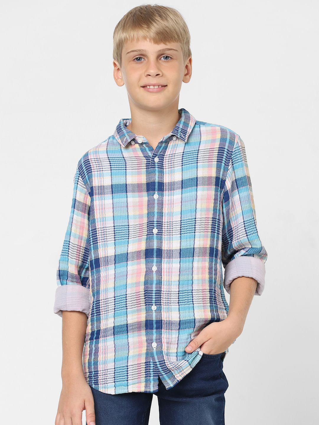 Boys Blue Check Print Full Sleeves Shirt