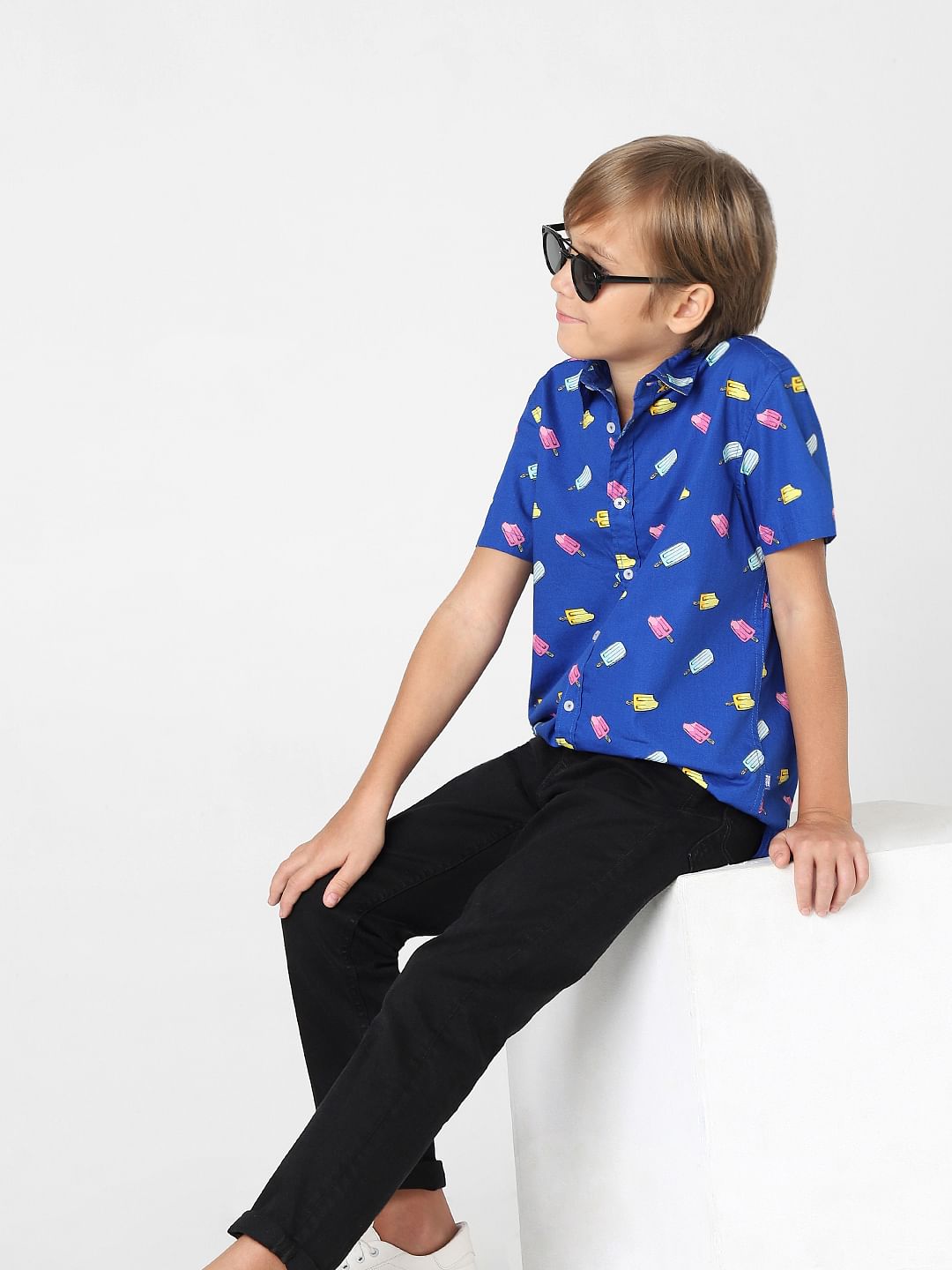 BOYS Blue Printed Short Sleeves Shirt - 9/10Y
