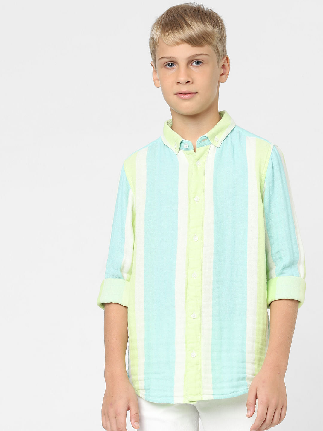 Boys Green Striped Full Sleeves Shirt
