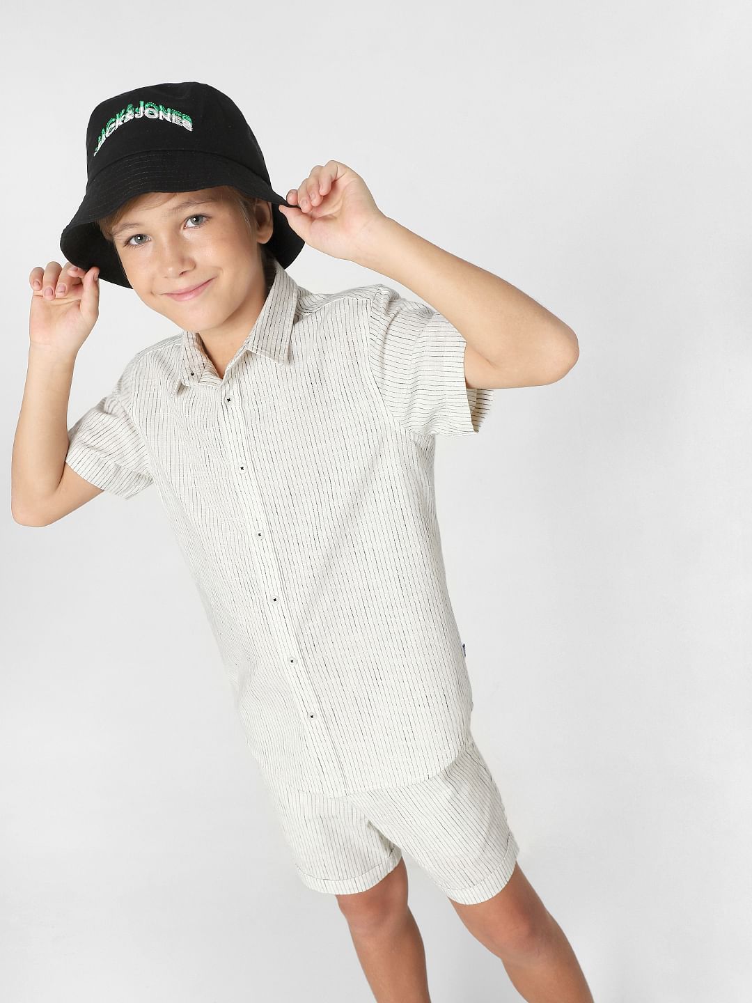 Boys White Striped Short Sleeves Shirt - 4/5Y
