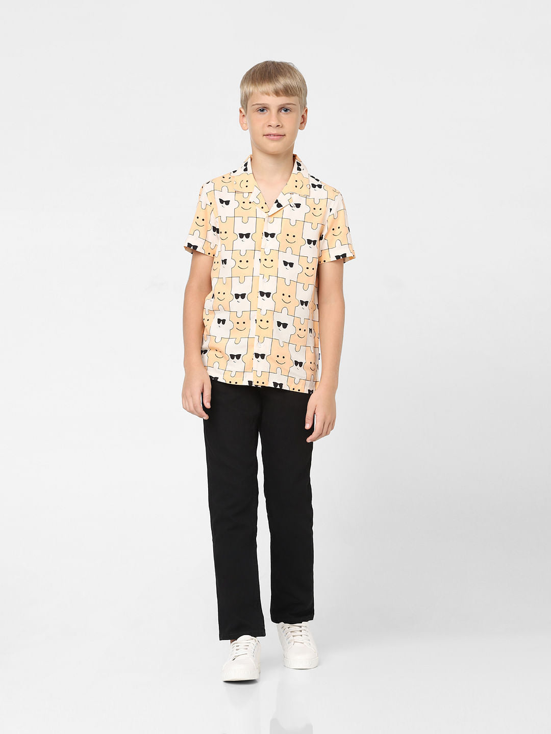 Boys Peach Printed Short Sleeves Shirt