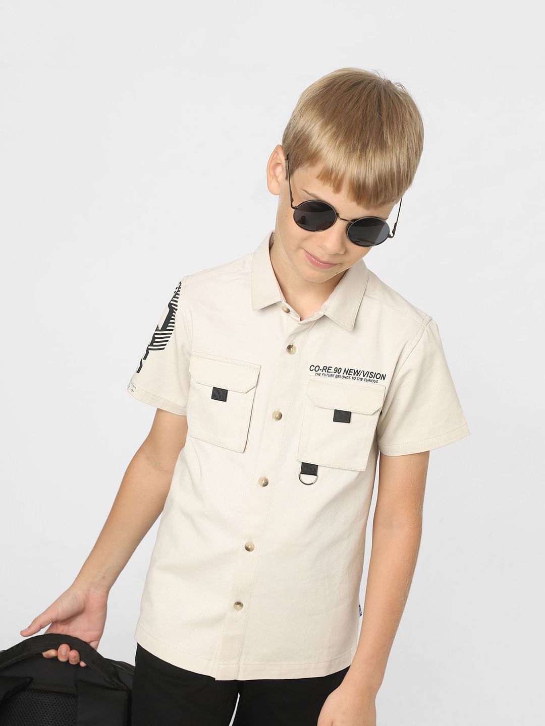 Boys Beige Printed Short Sleeves Shirt