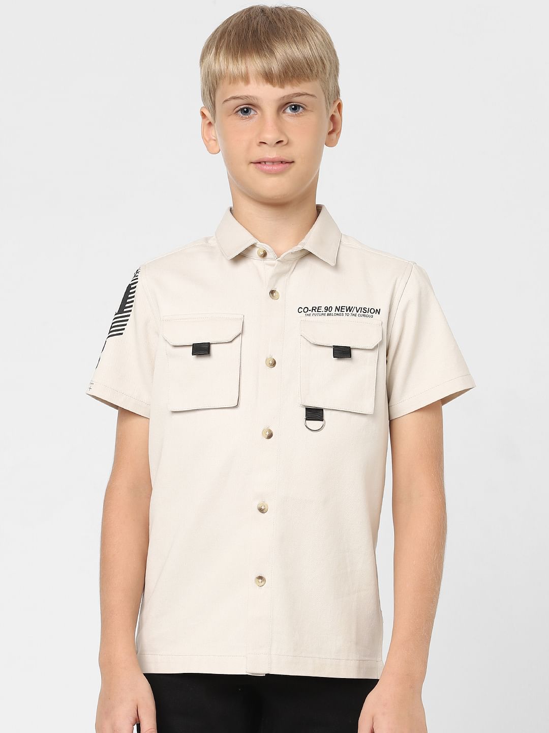 Boys Beige Printed Short Sleeves Shirt