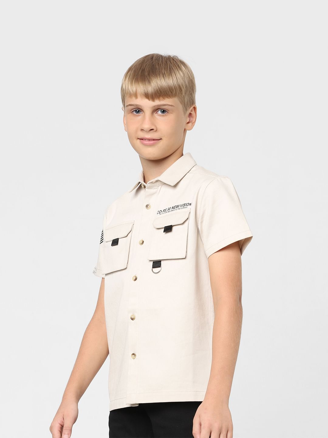 Boys Beige Printed Short Sleeves Shirt
