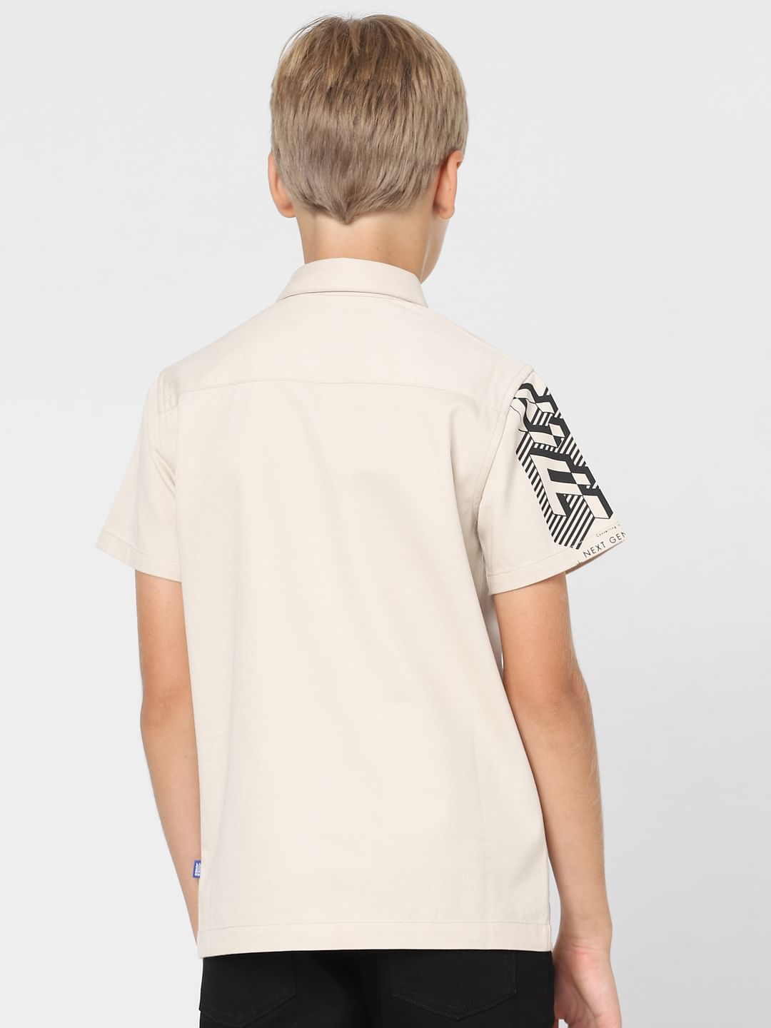 Boys Beige Printed Short Sleeves Shirt