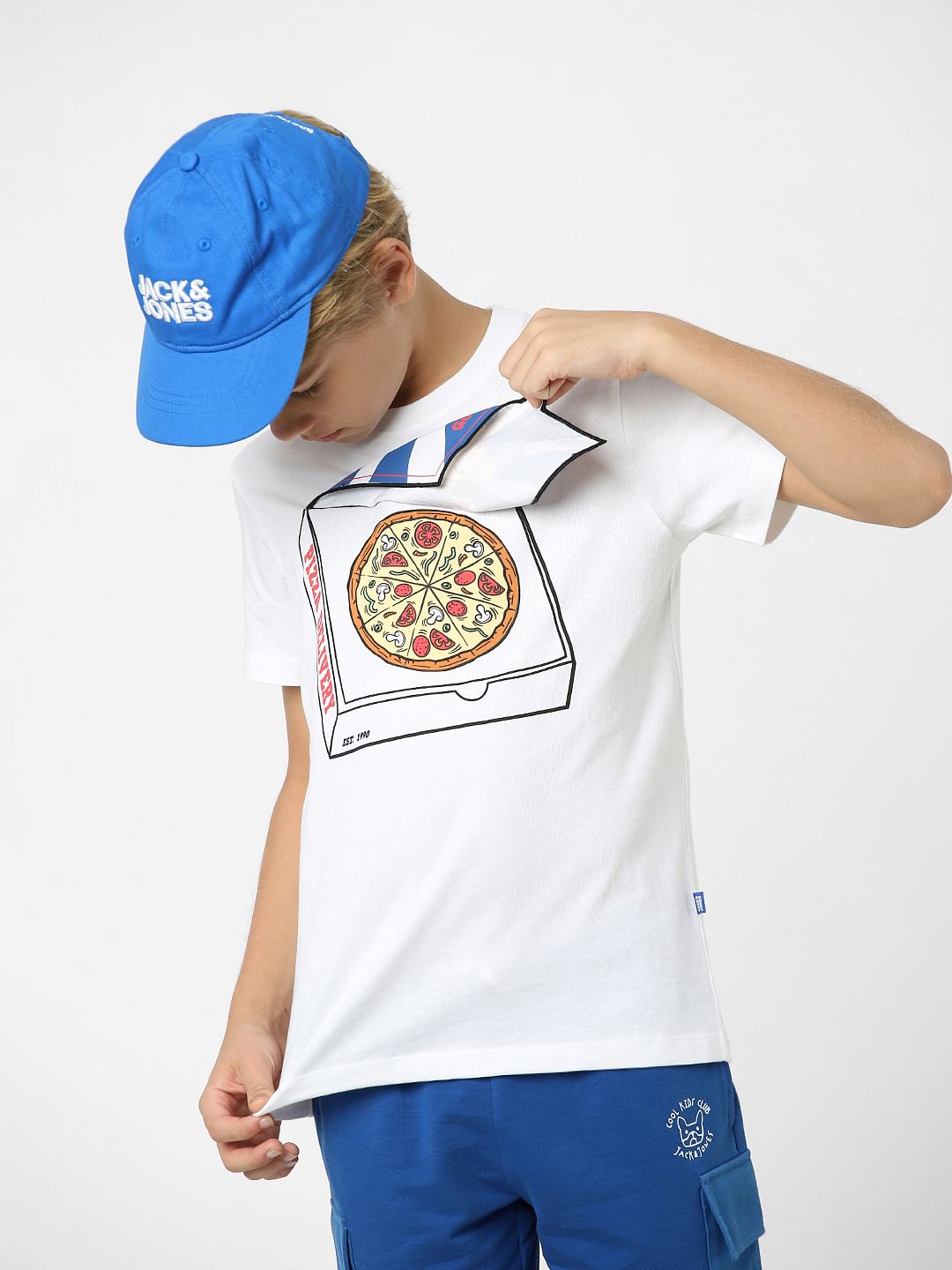 Boys White 3D Pizza Print T-shirt - 4/5Y