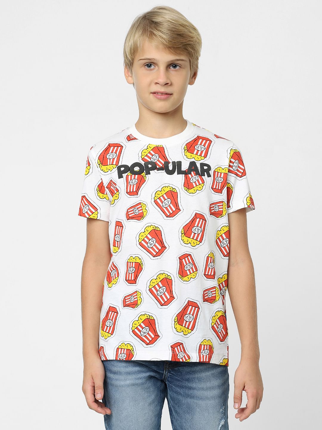 Boys White Fries Print T-shirt