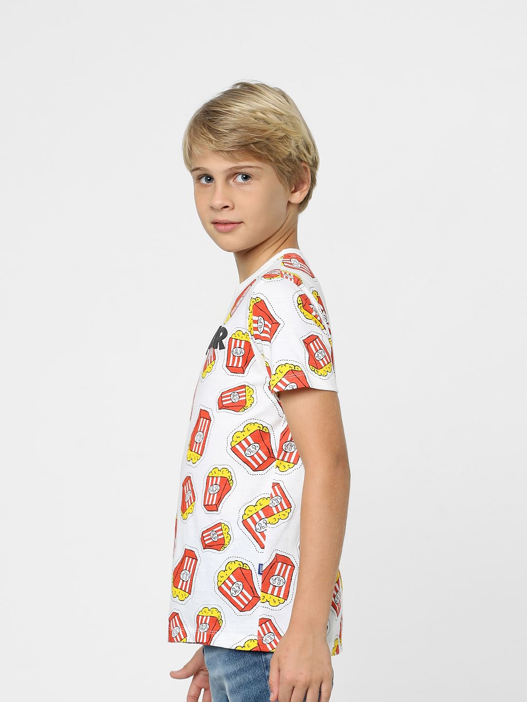Boys White Fries Print T-shirt