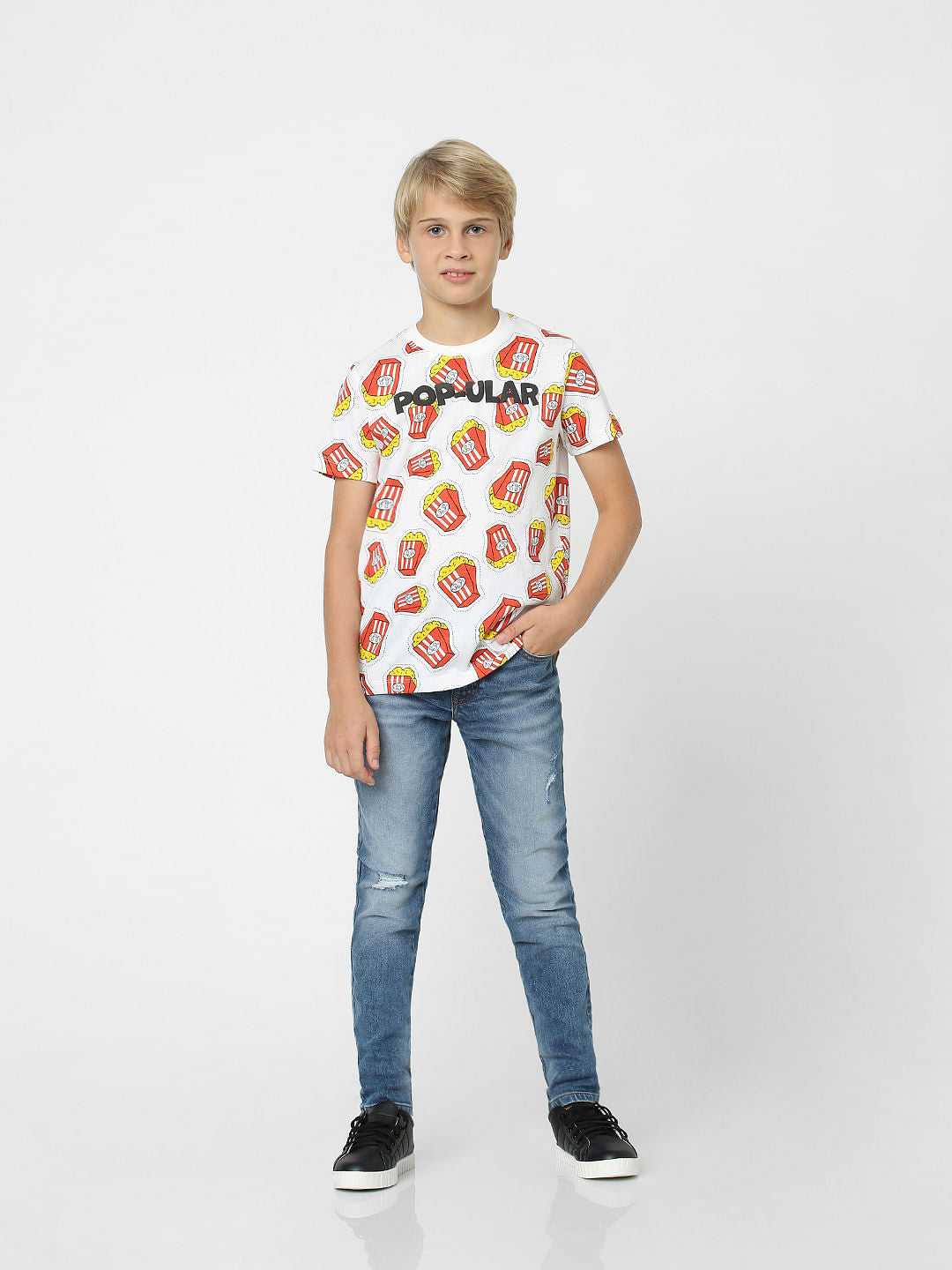 Boys White Fries Print T-shirt