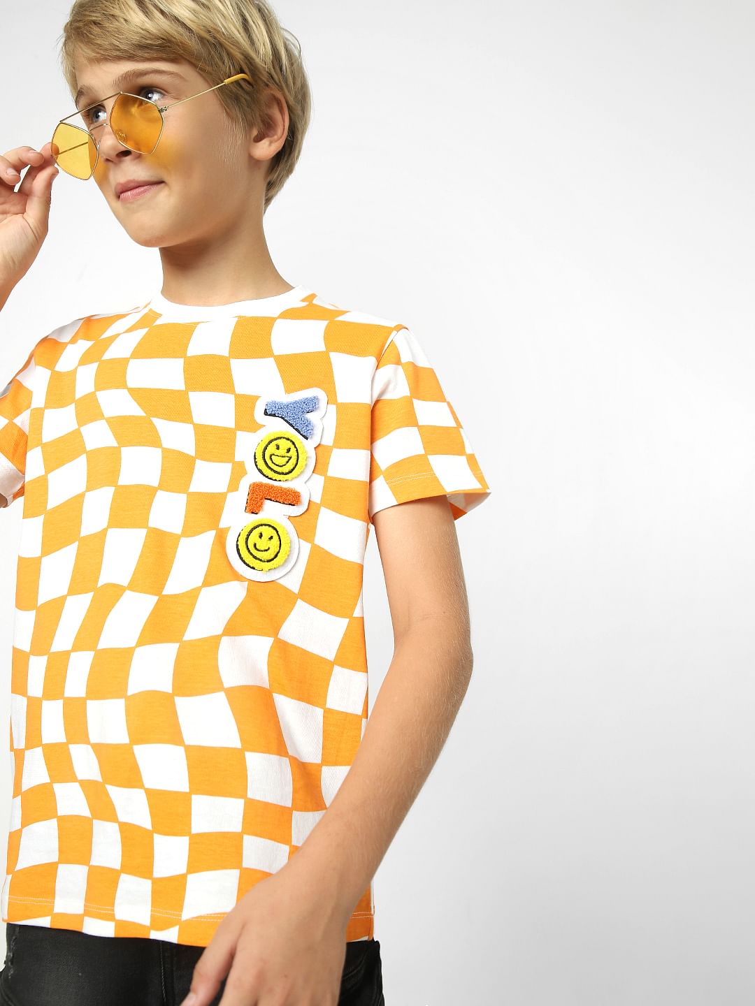 Boys Orange Printed Crew Neck T-shirt