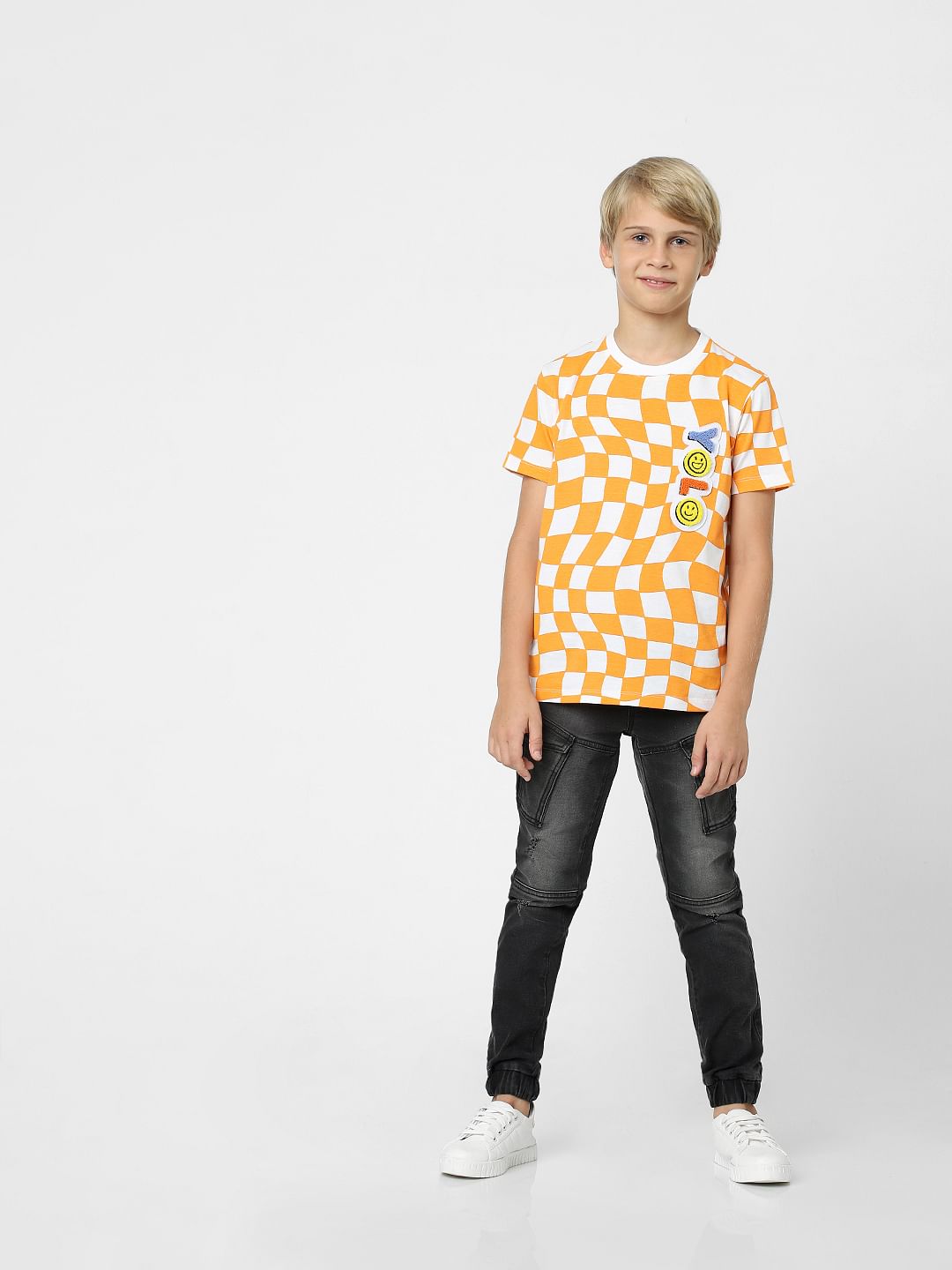 Boys Orange Printed Crew Neck T-shirt