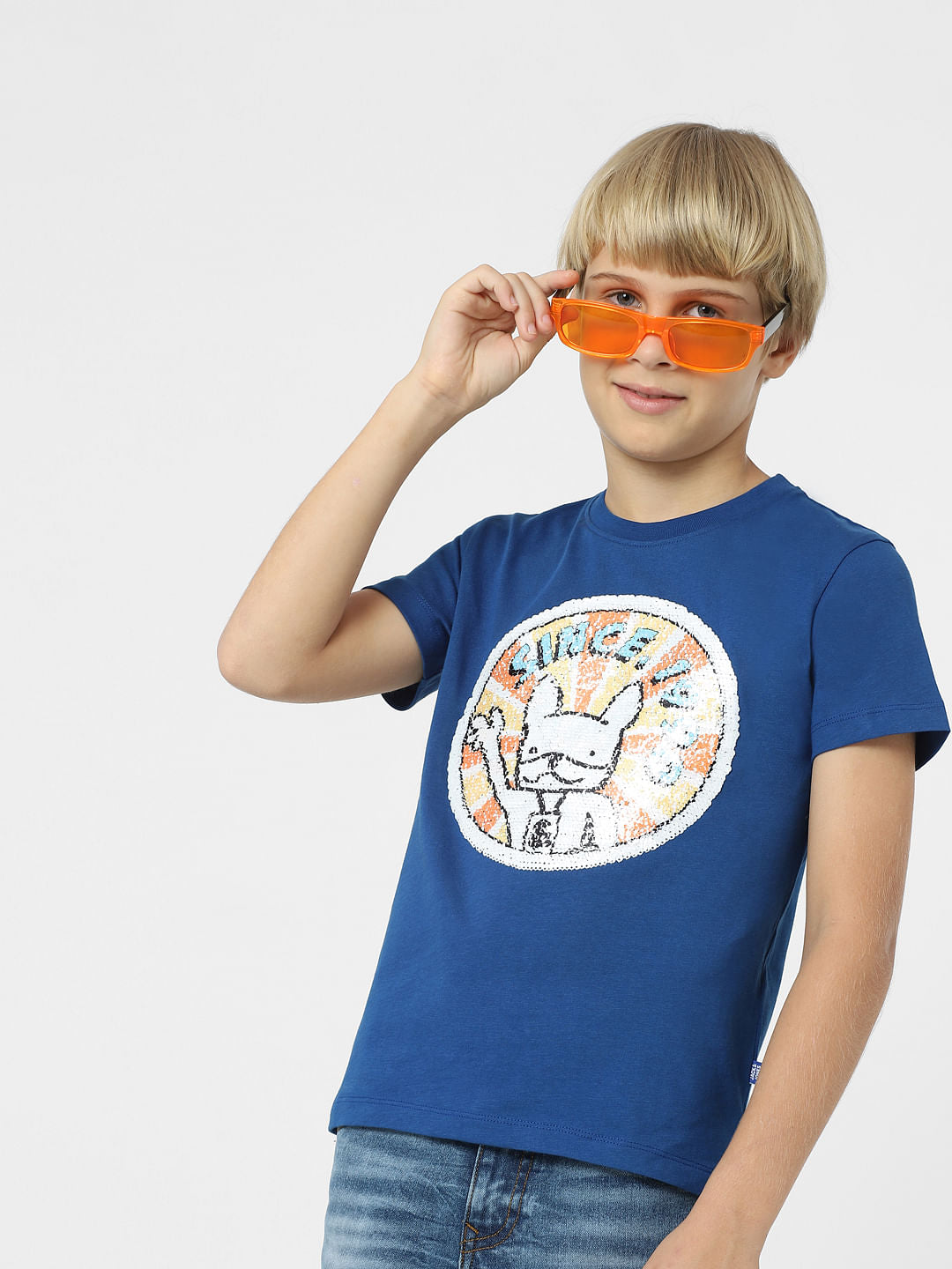 BOYS Blue Sequin Detail Printed T-shirt - 4/5Y