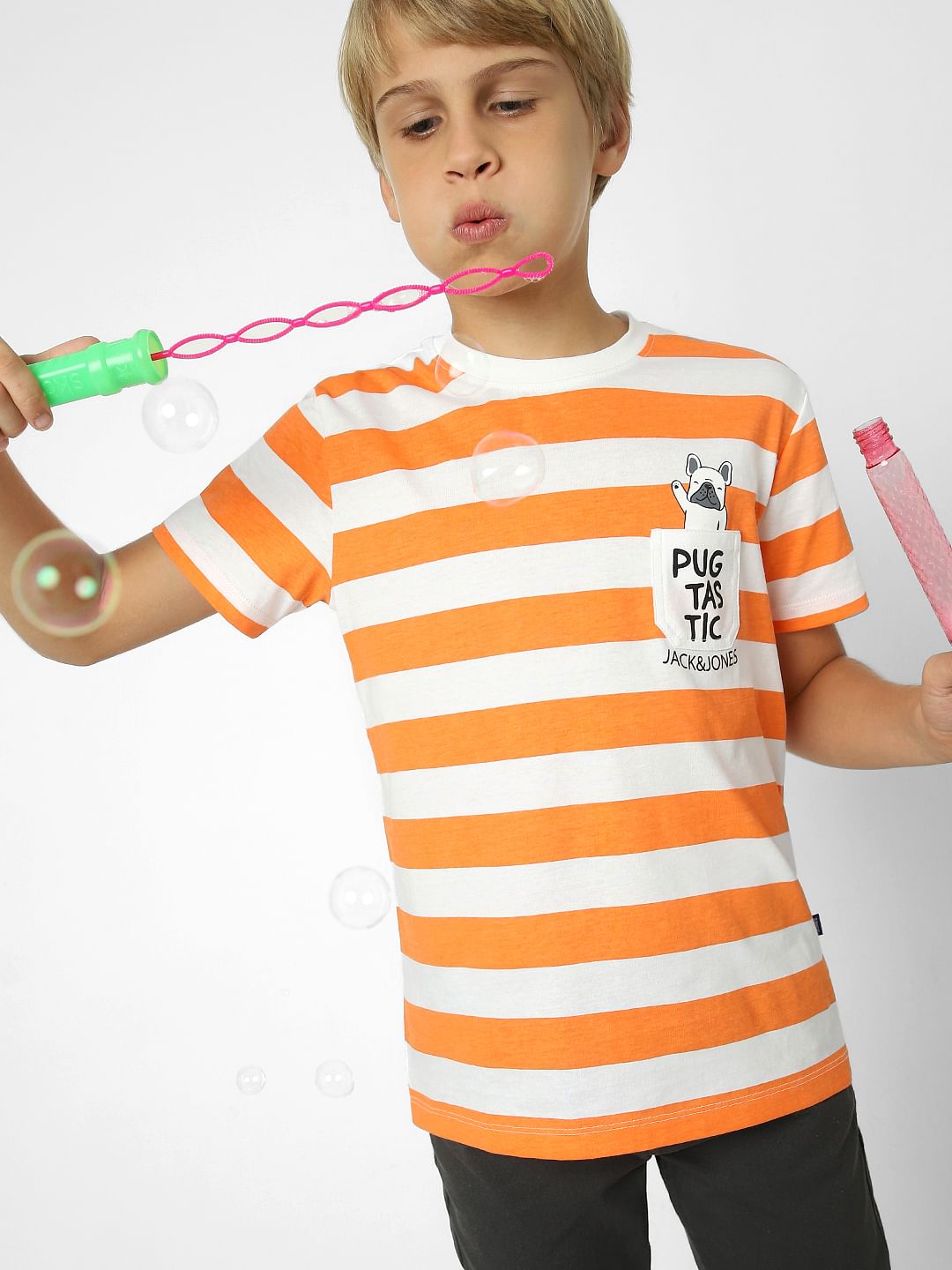 Boys Orange Striped Crew Neck T-shirt - 4/5Y