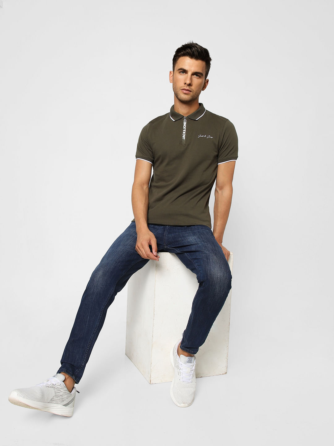 Olive Logo Zip-Up Polo T-shirt - S