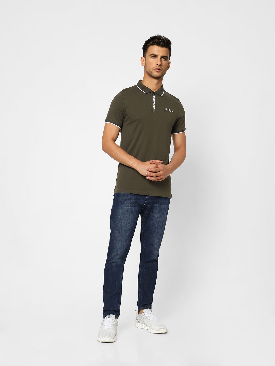 Olive Logo Zip-Up Polo T-shirt