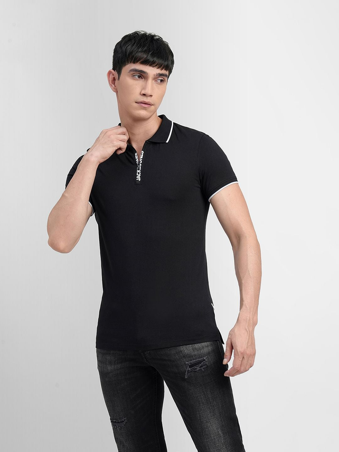 Black Logo Zip-Up Polo T-shirt