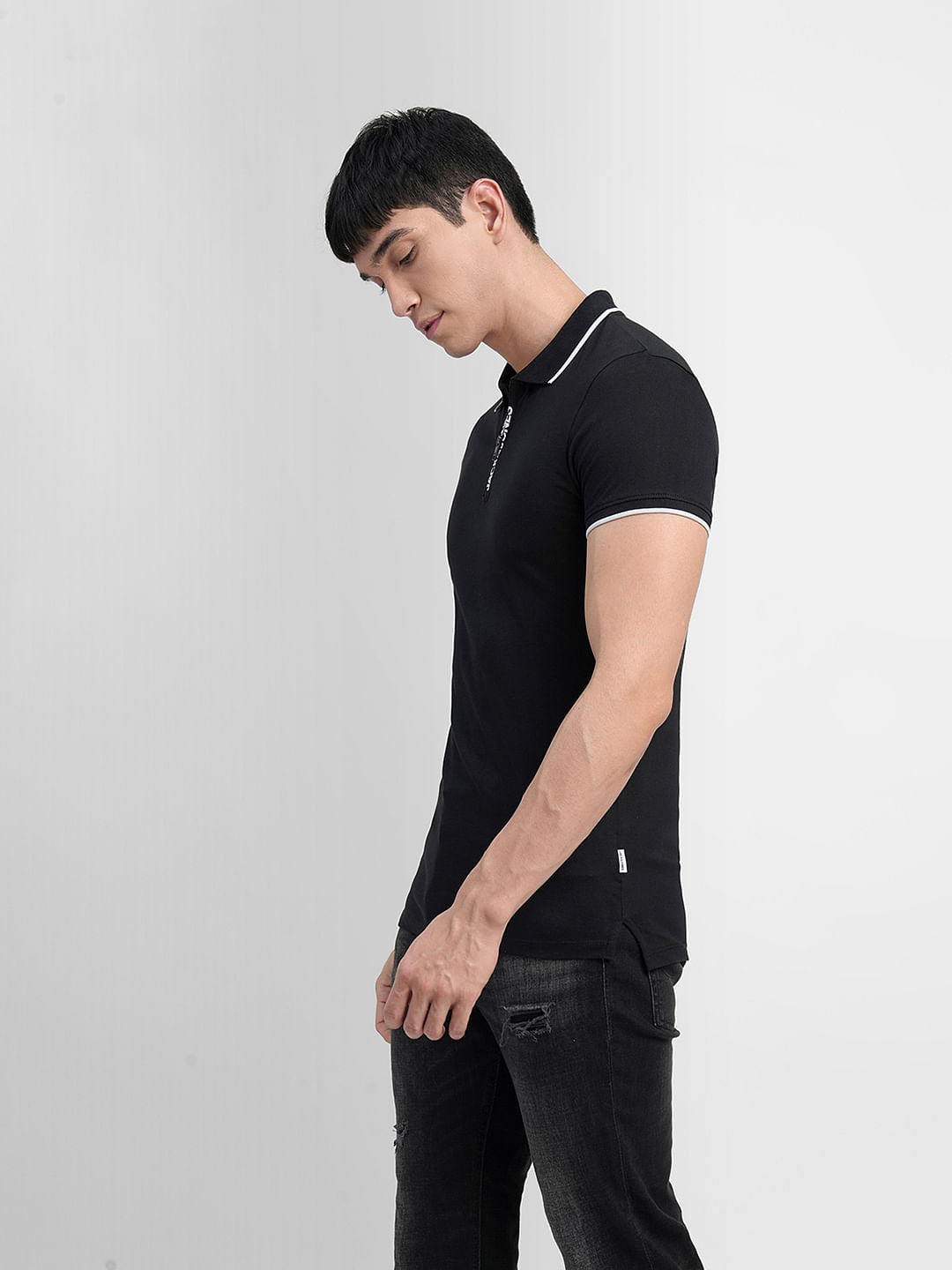 Black Logo Zip-Up Polo T-shirt