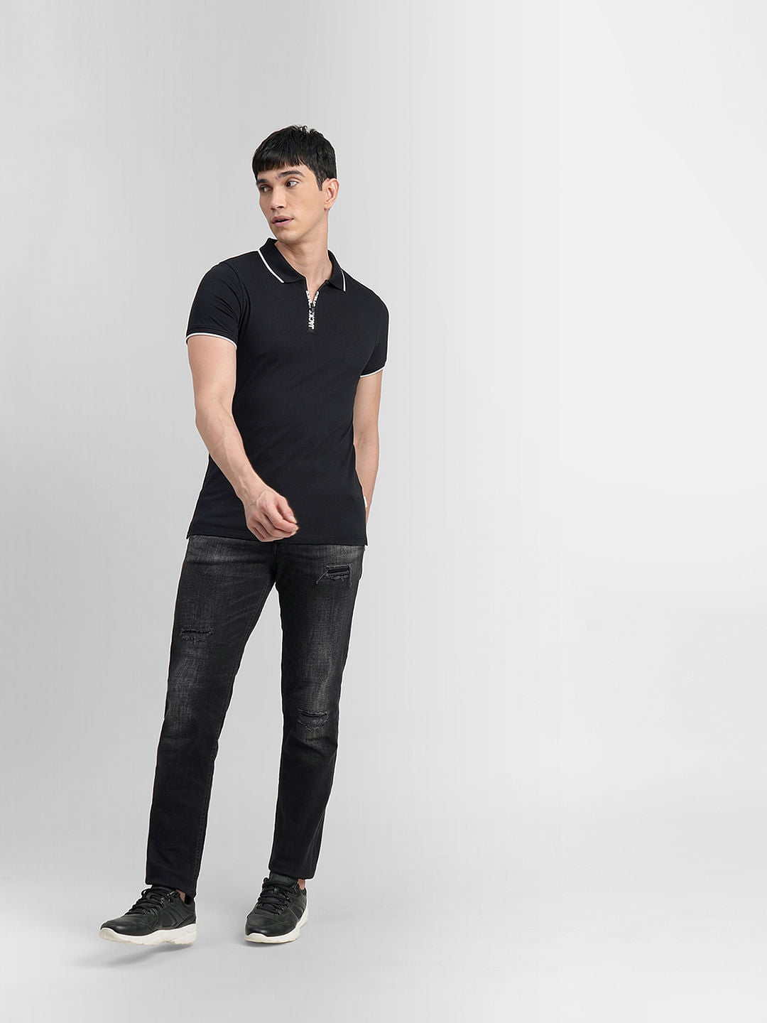Black Logo Zip-Up Polo T-shirt