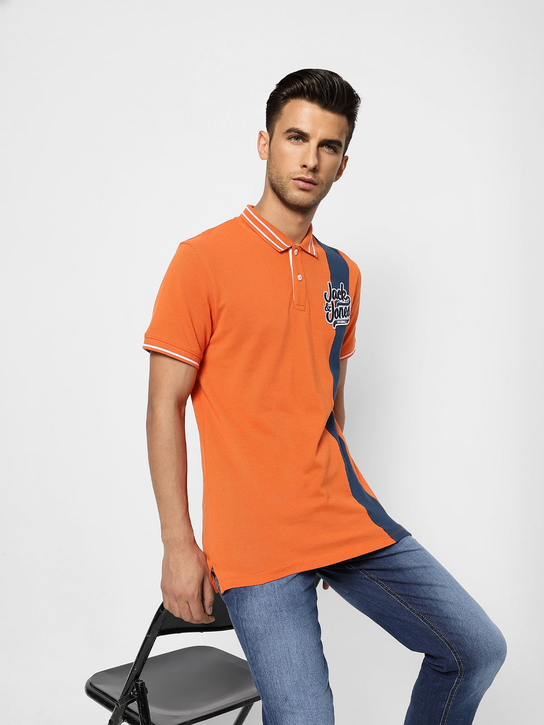 Orange Logo Print Polo T-shirt - S