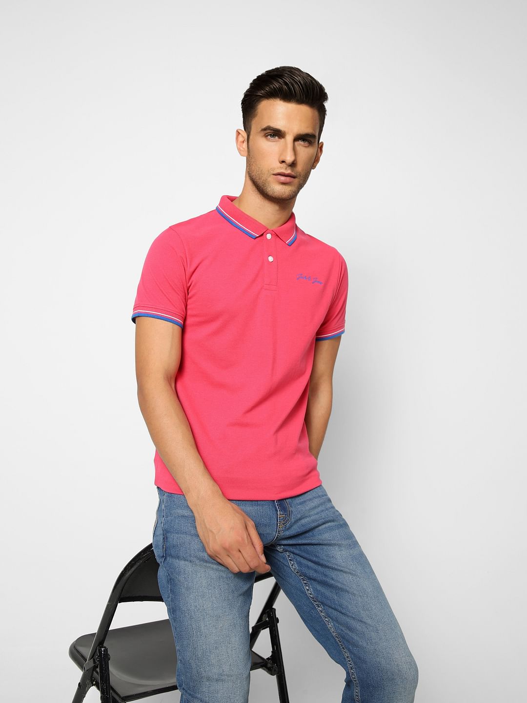 Pink Contrast Tipping Polo T-shirt - S