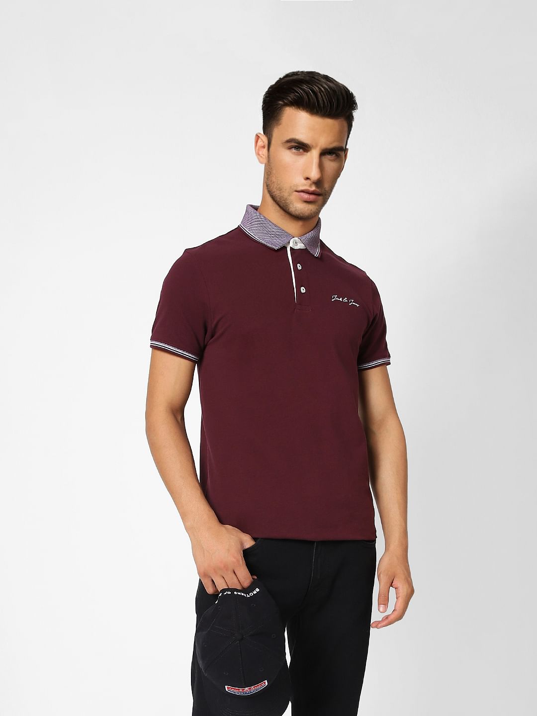 Burgundy Contrast Tipping Polo T-shirt - S