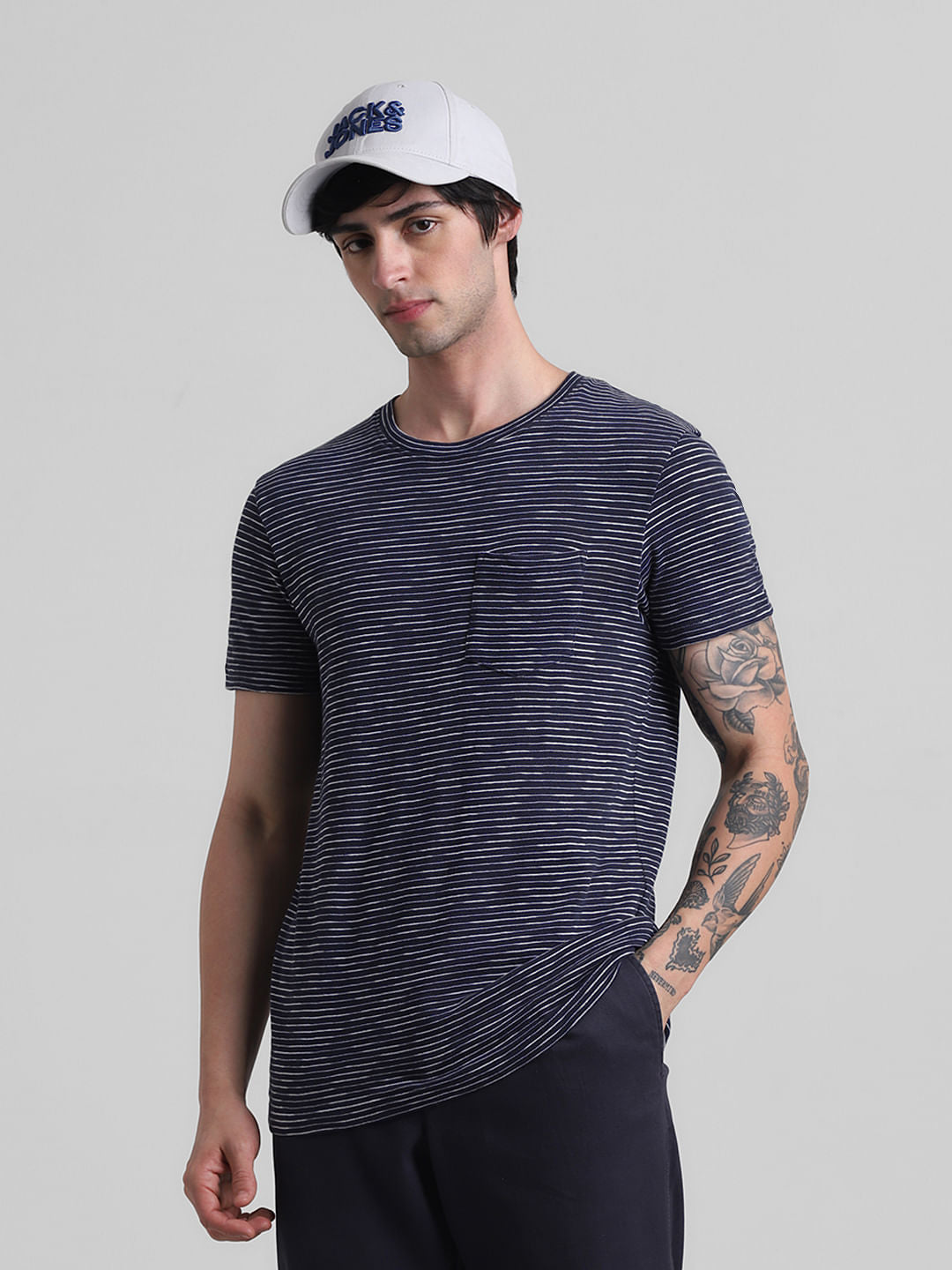 Navy Blue Striped Crew Neck T-shirt