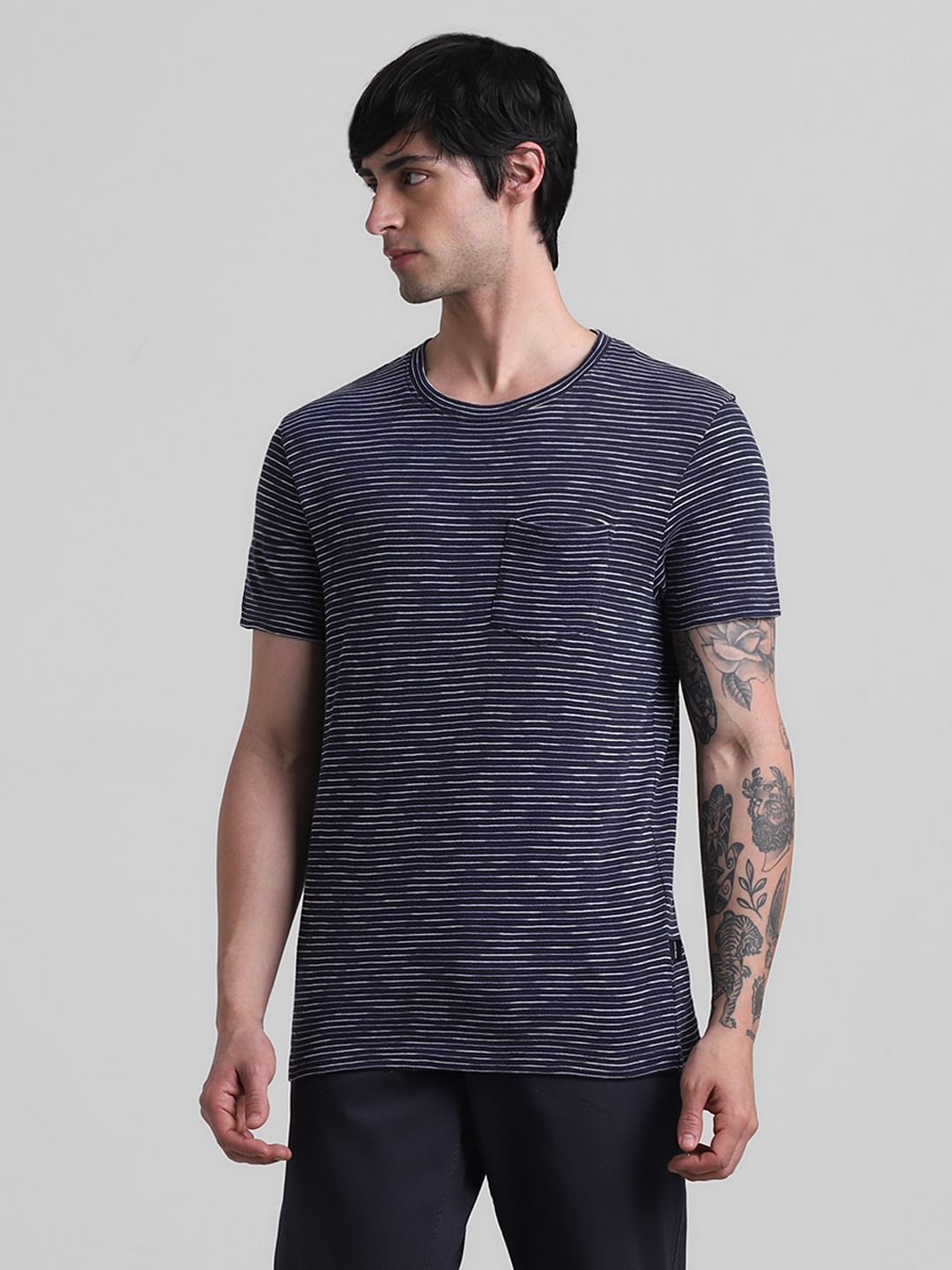 Navy Blue Striped Crew Neck T-shirt