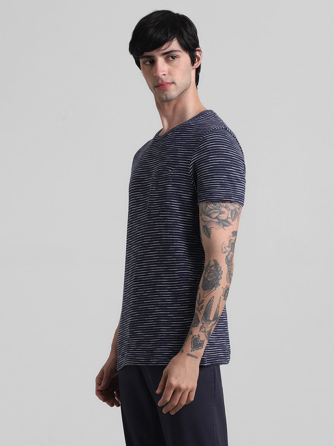 Navy Blue Striped Crew Neck T-shirt