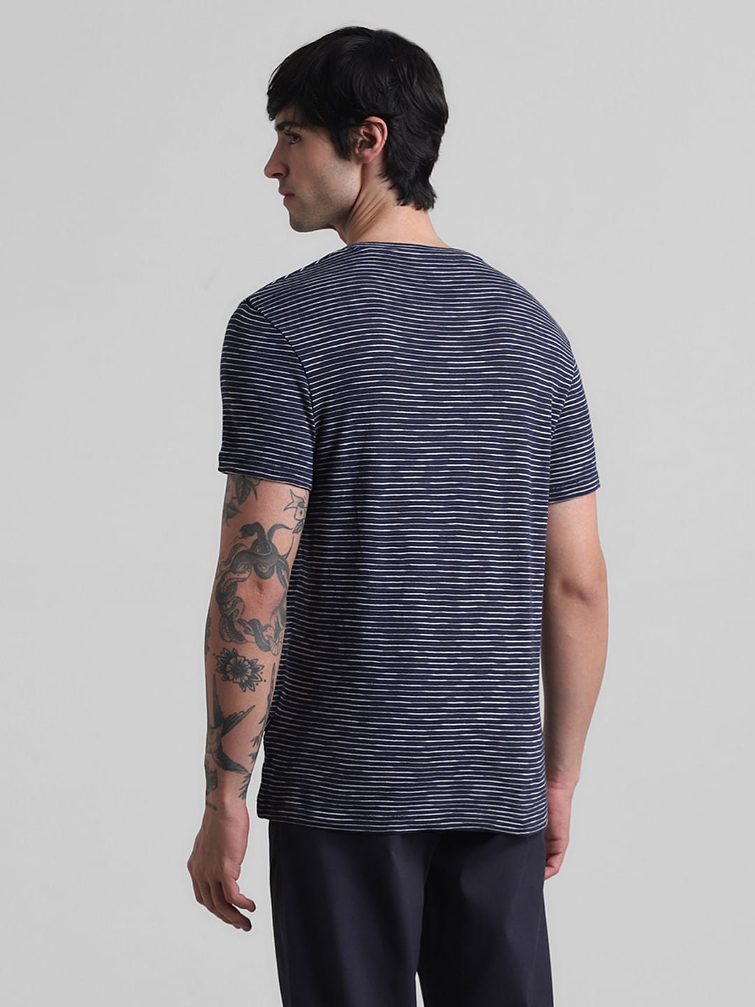 Navy Blue Striped Crew Neck T-shirt