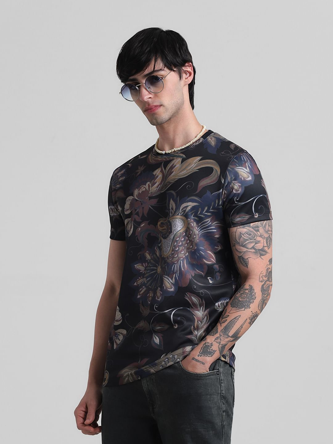 Black Floral Crew Neck T-shirt - S