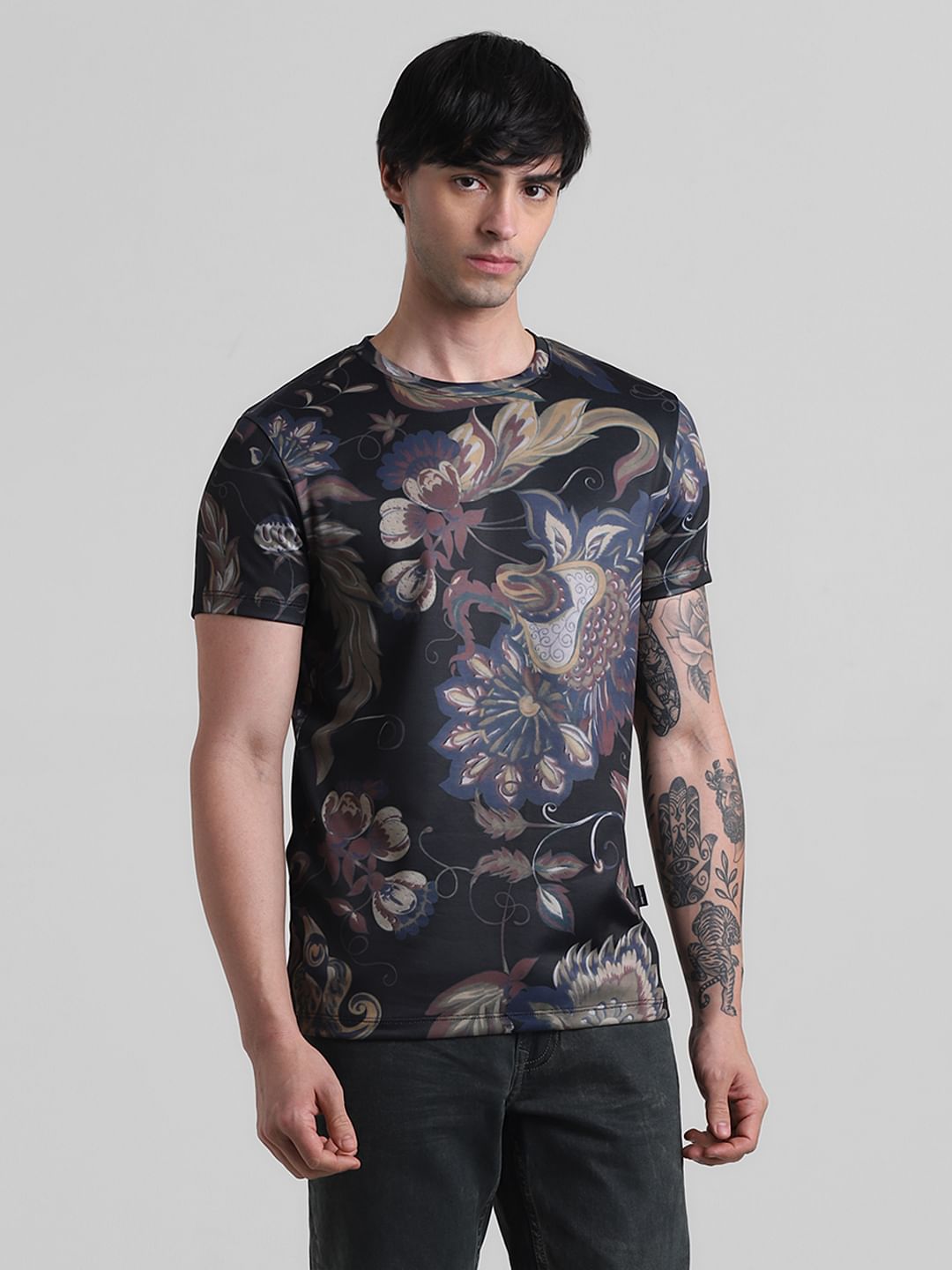Black Floral Crew Neck T-shirt