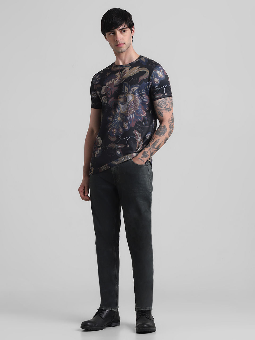 Black Floral Crew Neck T-shirt