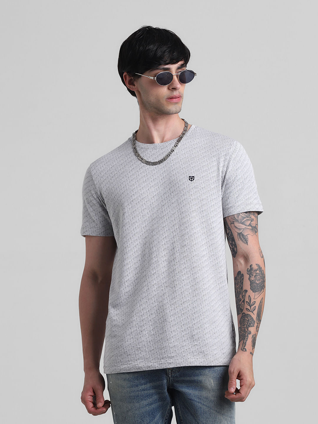 Grey Textured Crew Neck T-shirt - S