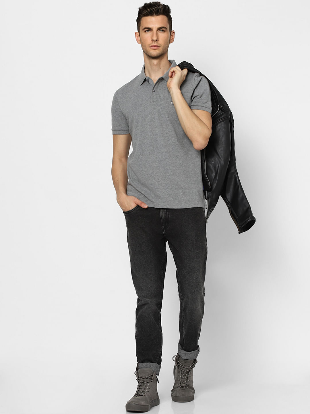 Grey Polo Neck T-shirt - S