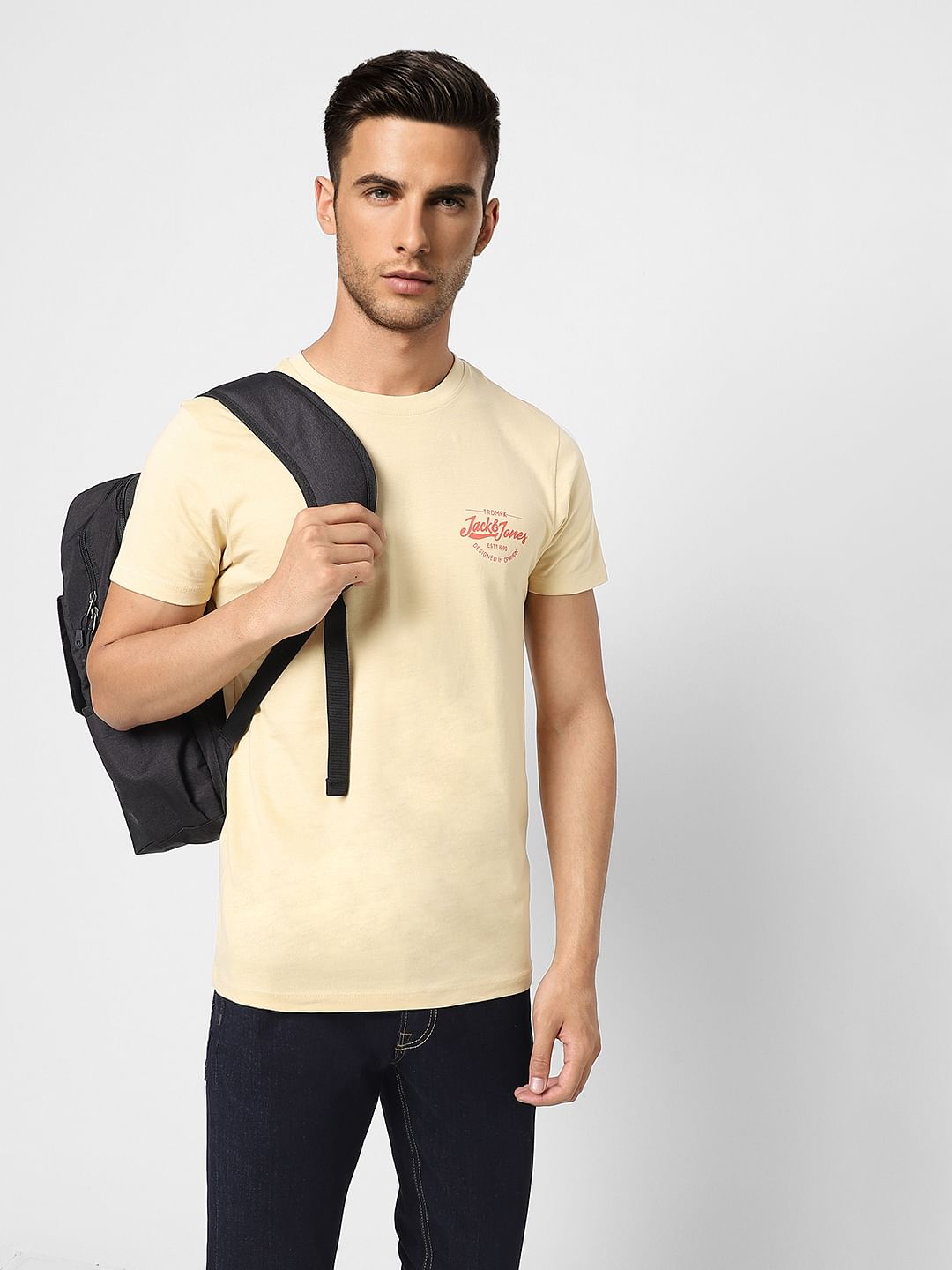 Beige Logo Print Crew Neck T-shirt