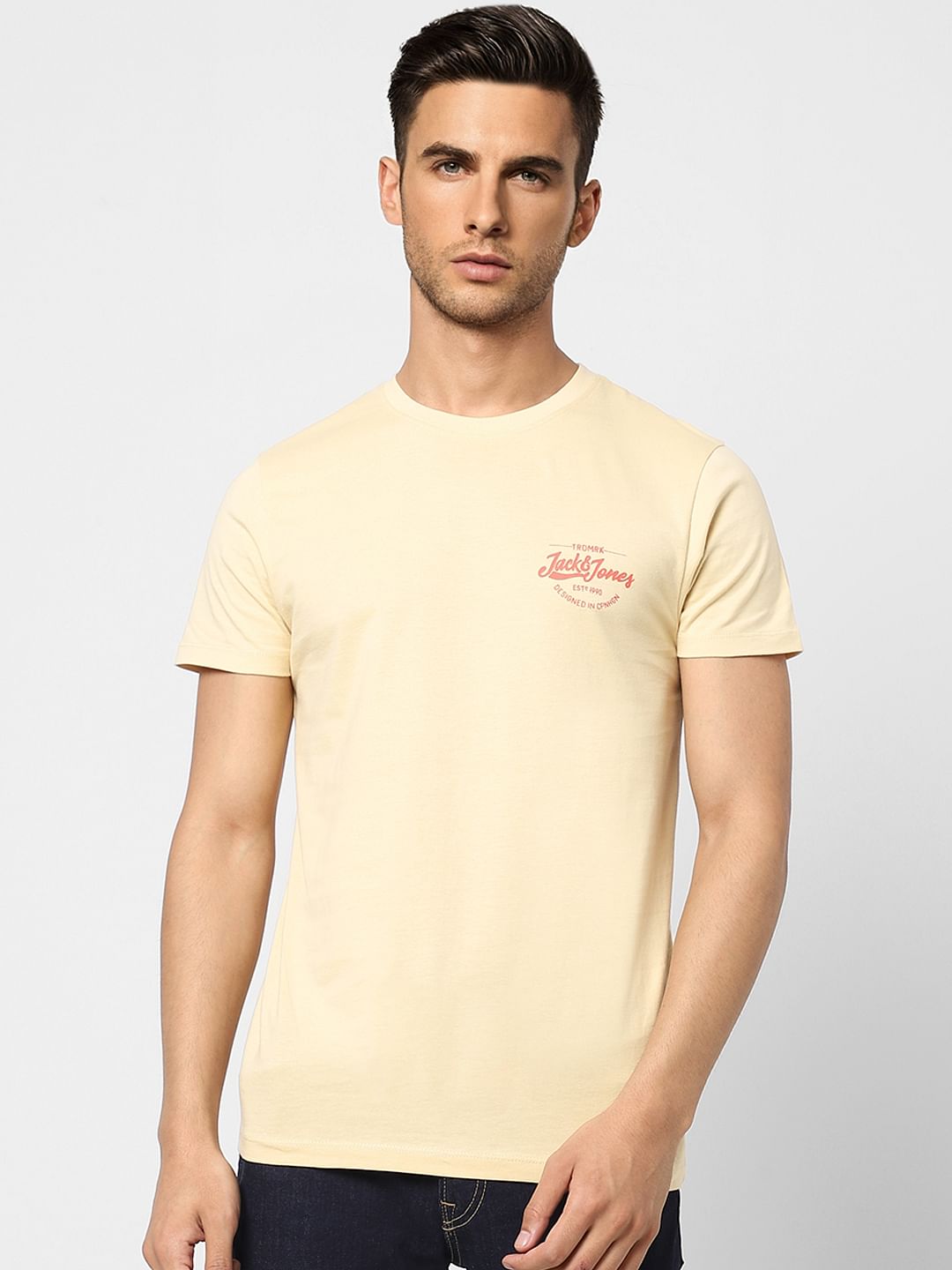Beige Logo Print Crew Neck T-shirt