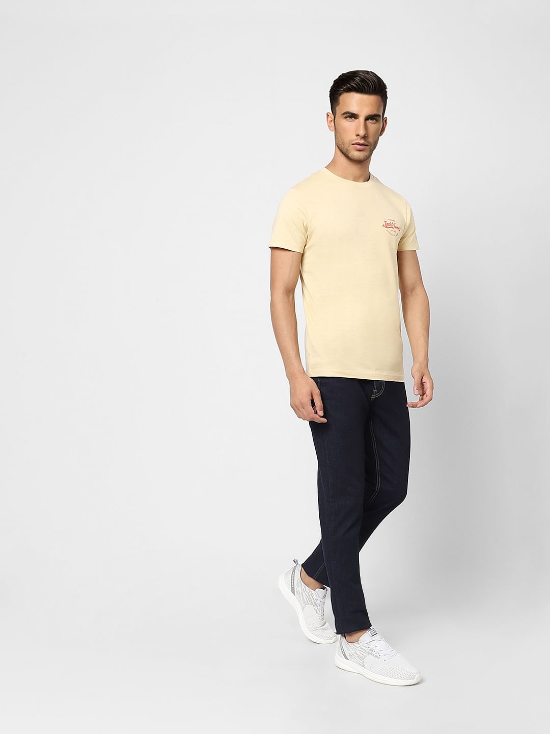 Beige Logo Print Crew Neck T-shirt