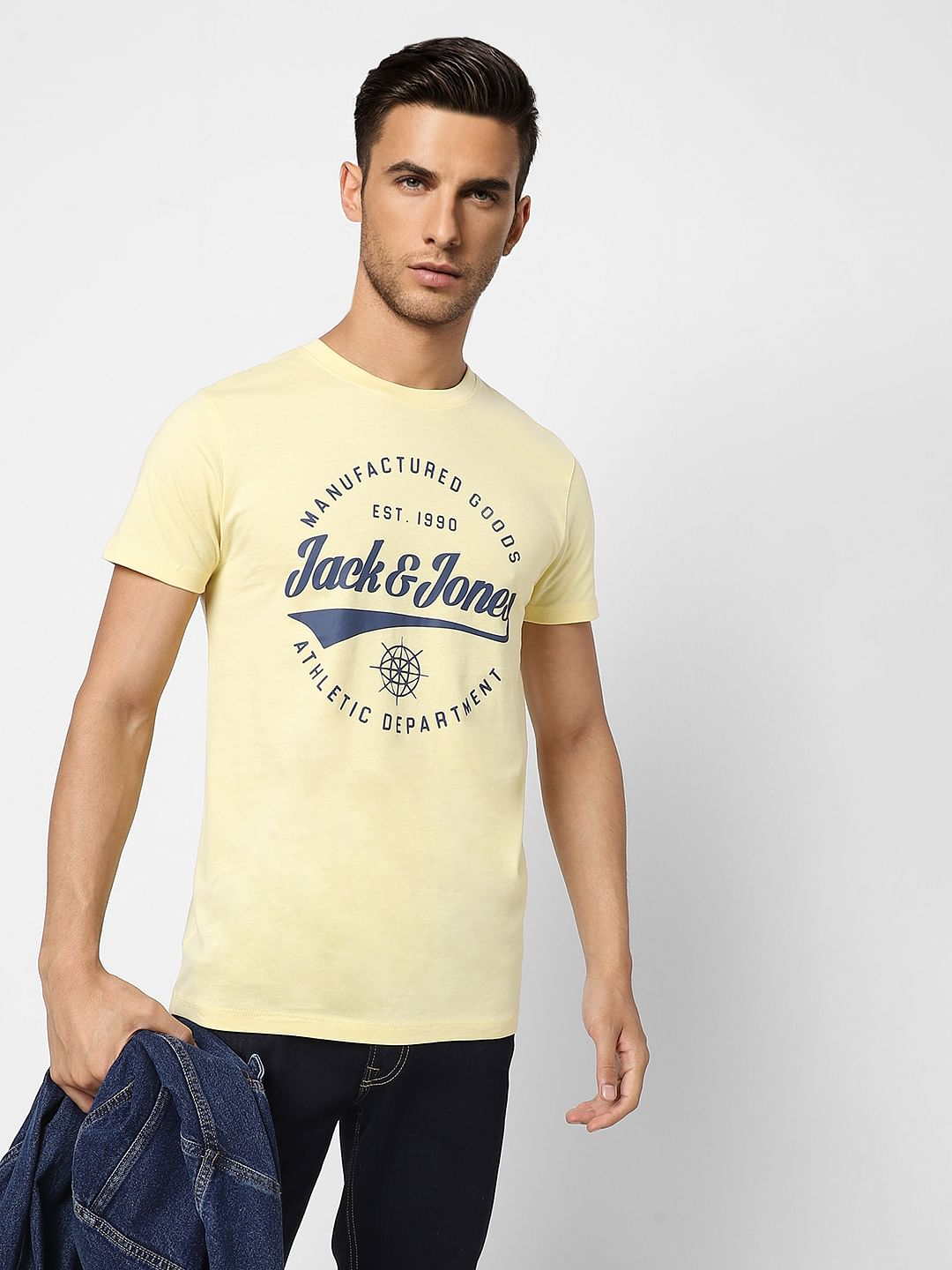 Light Yellow Logo Print Crew Neck T-shirt - S