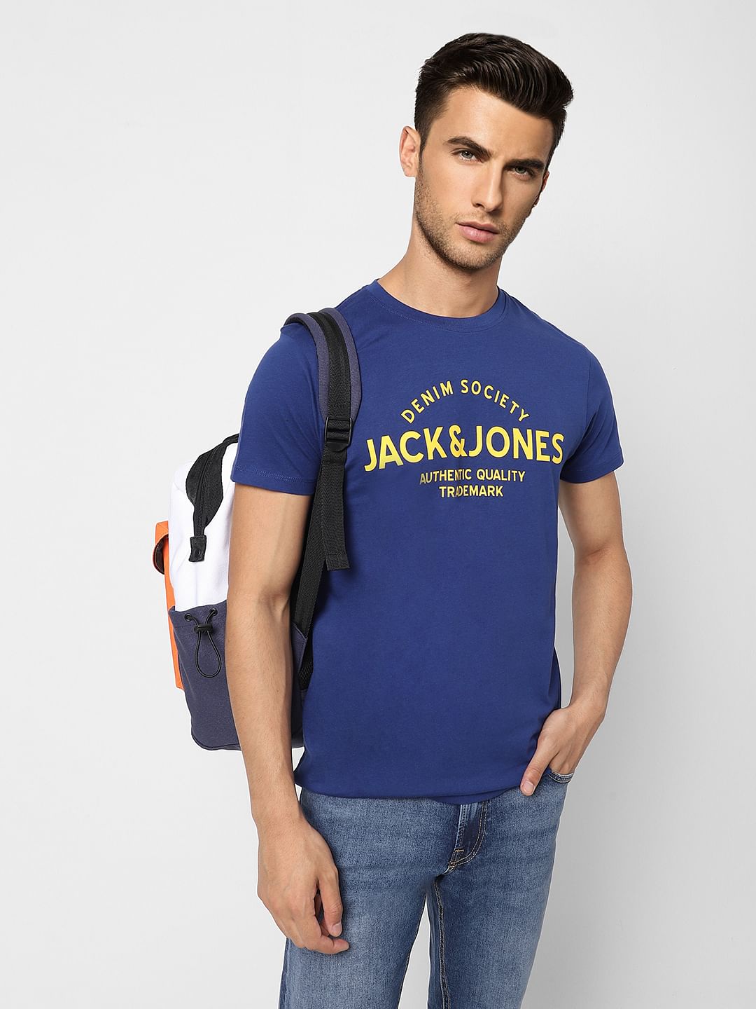 Dark Blue Logo Print Crew Neck T-shirt