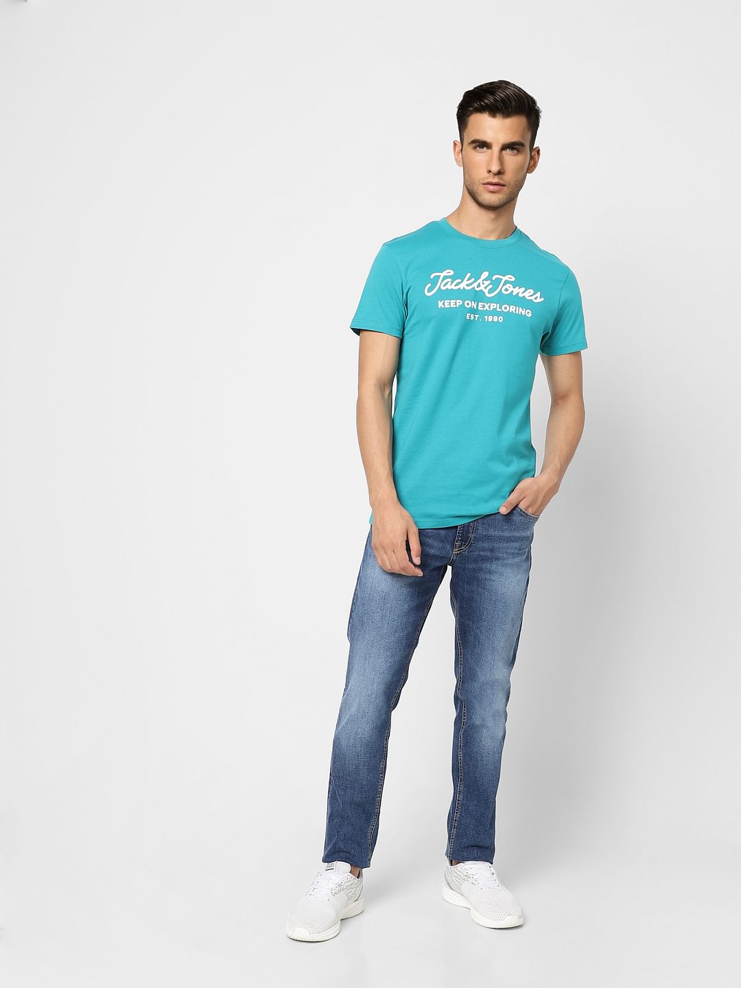 Turquoise Logo Print Crew Neck T-shirt