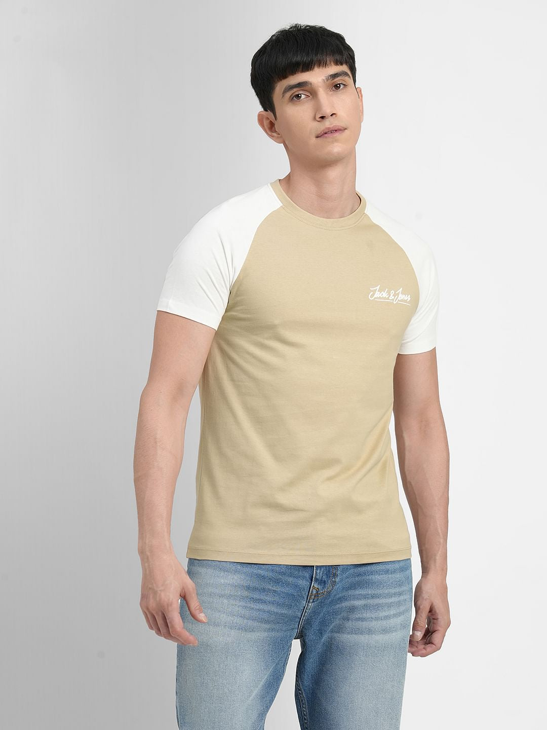 Beige Colourblocked Crew Neck T-shirt