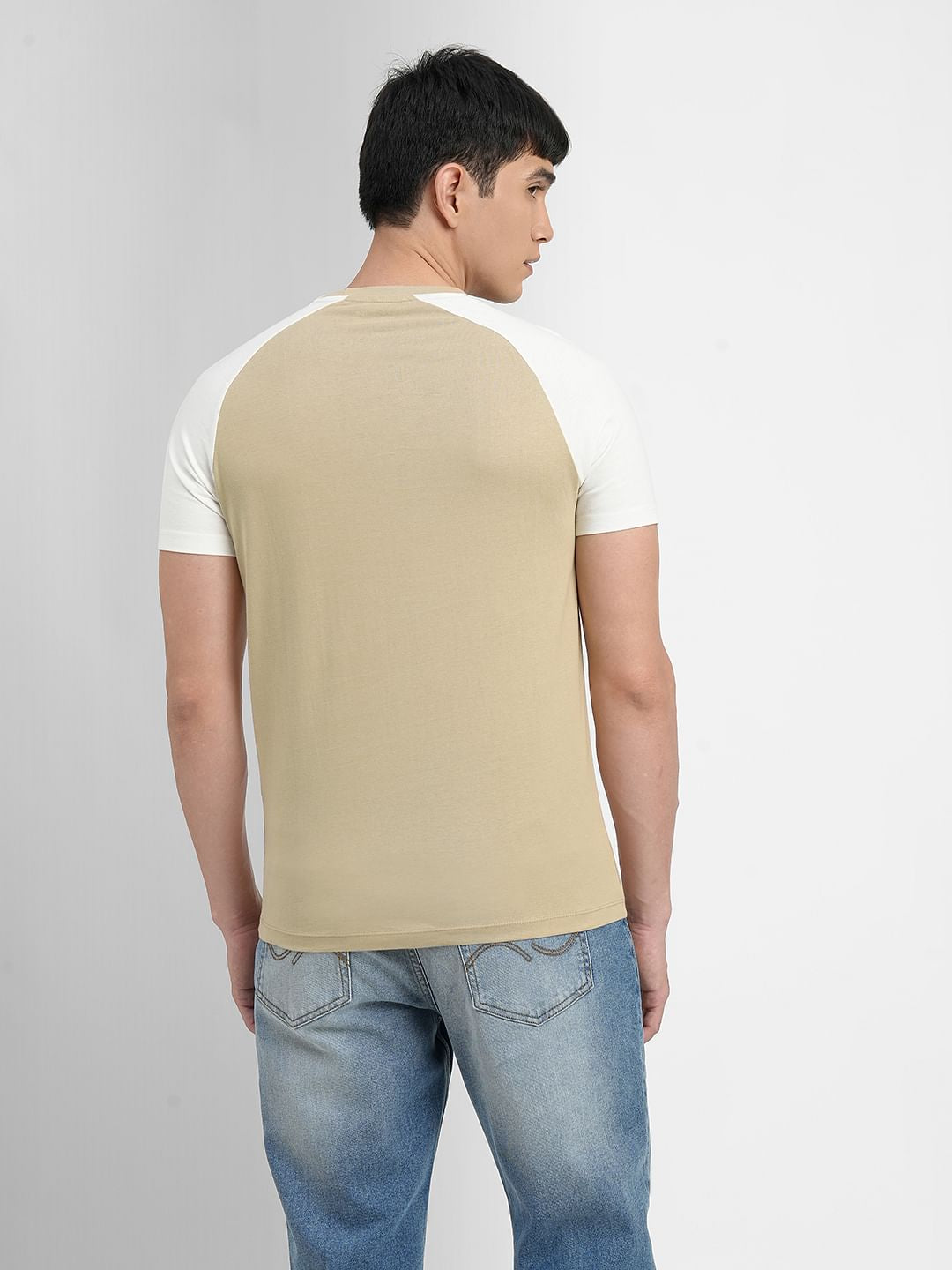 Beige Colourblocked Crew Neck T-shirt