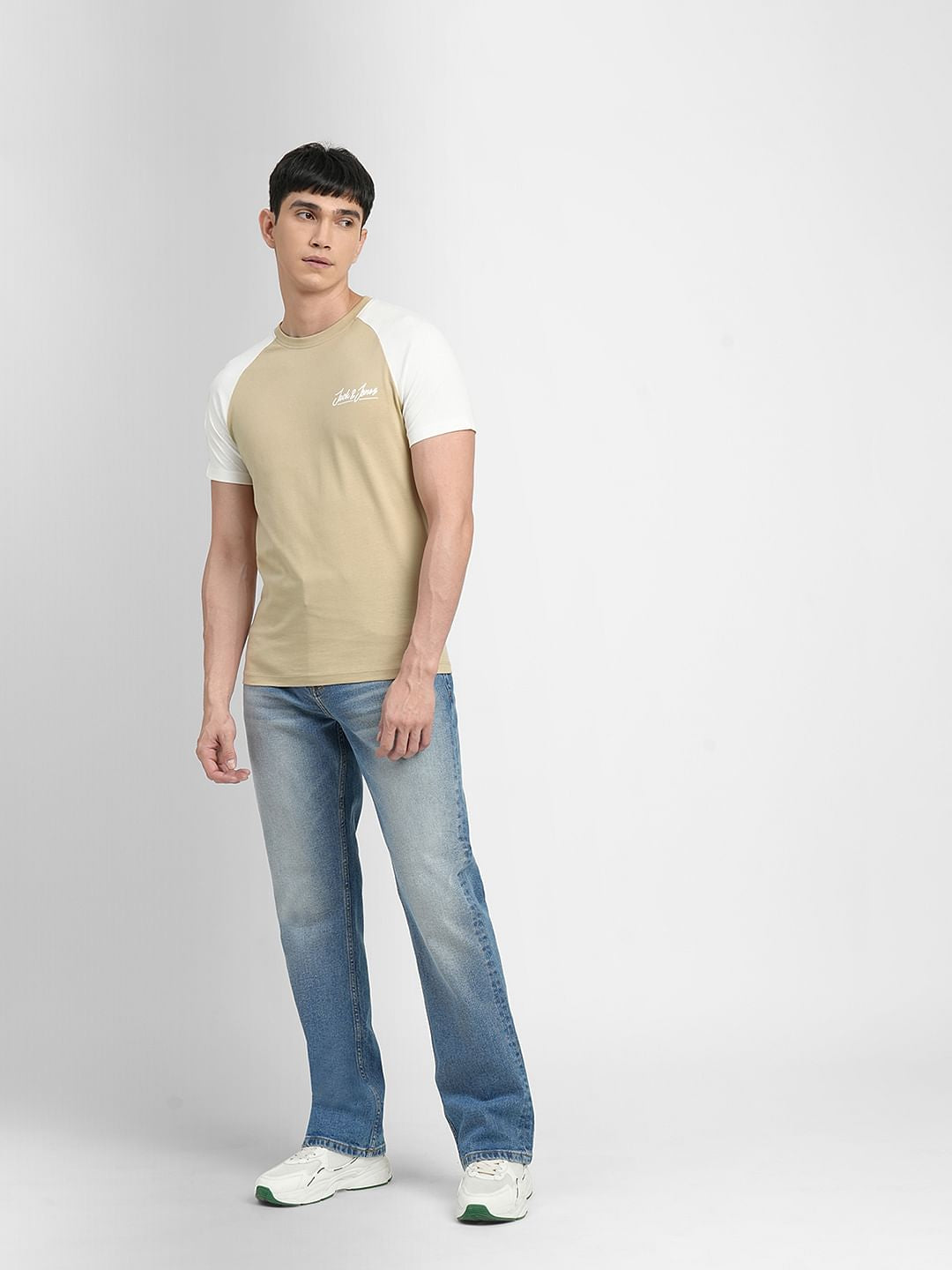 Beige Colourblocked Crew Neck T-shirt