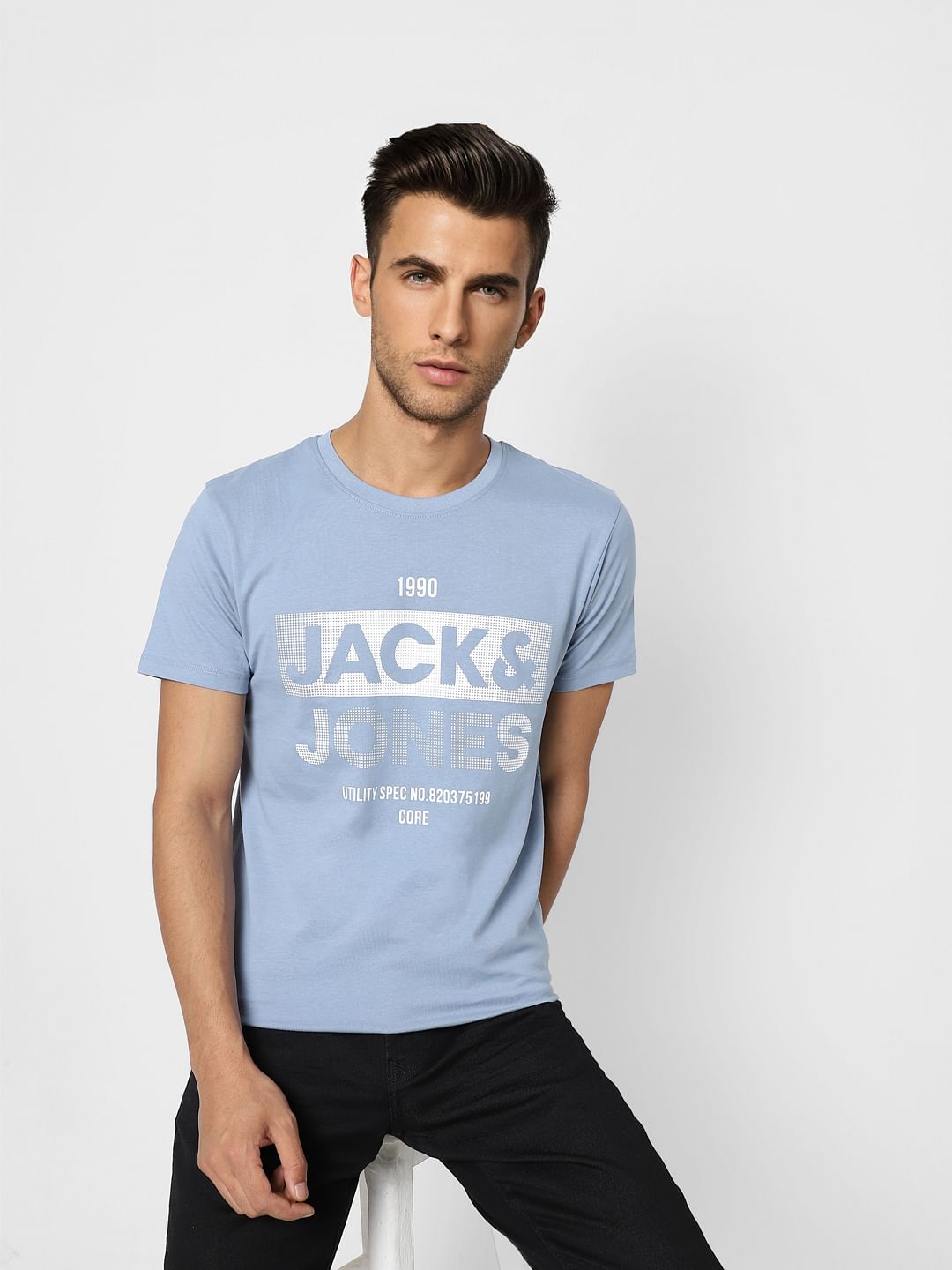 Light Blue Logo Print Crew Neck T-shirt - S