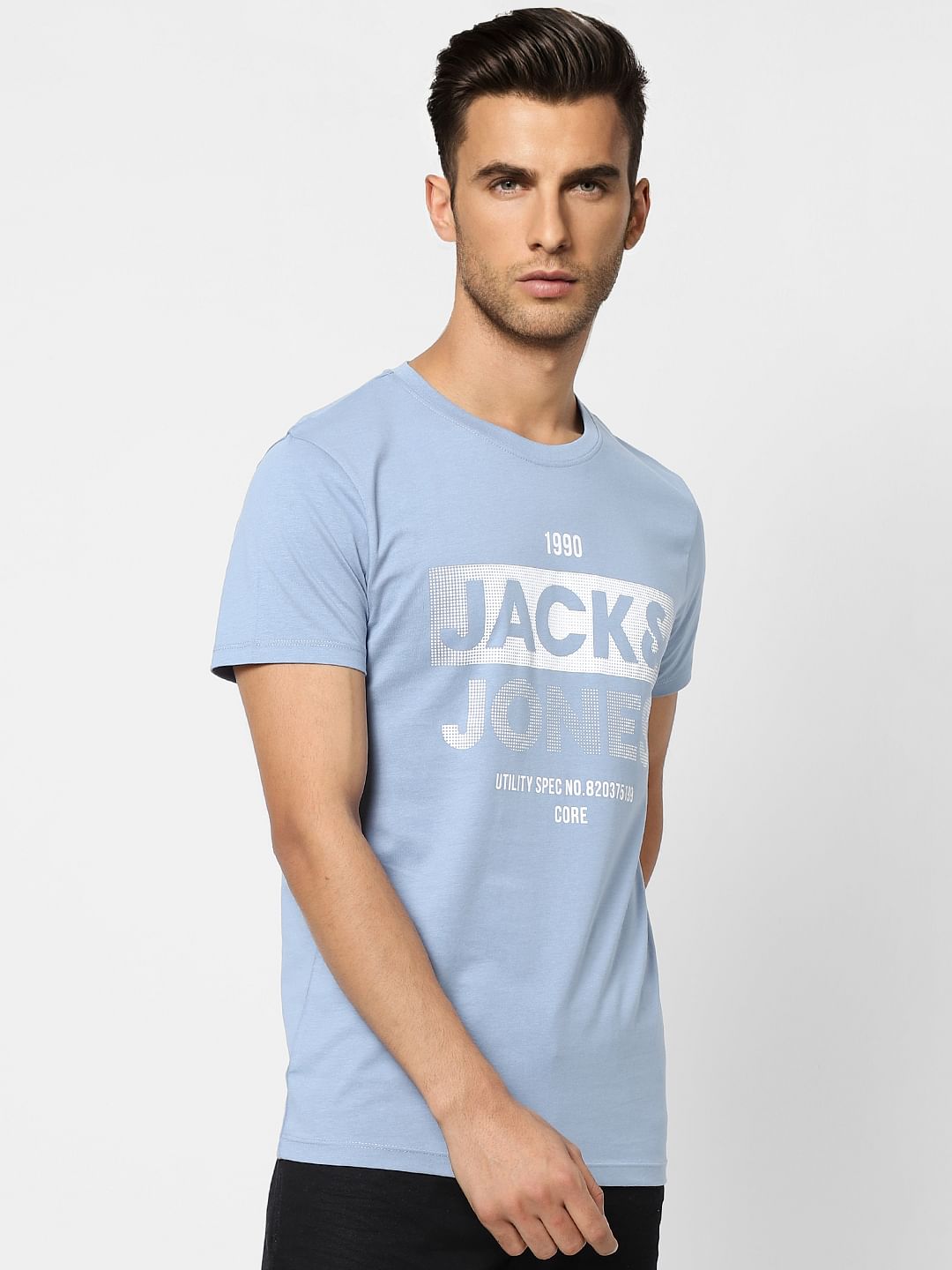 Light Blue Logo Print Crew Neck T-shirt